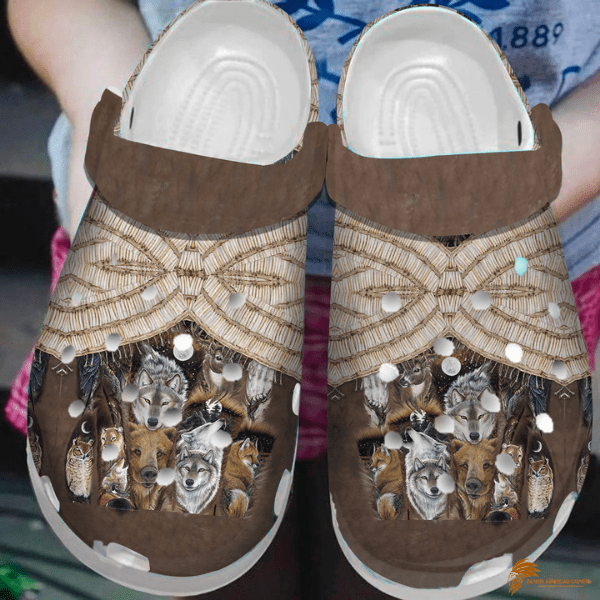 3D Brown Crocs With Native American Wolf Pattern