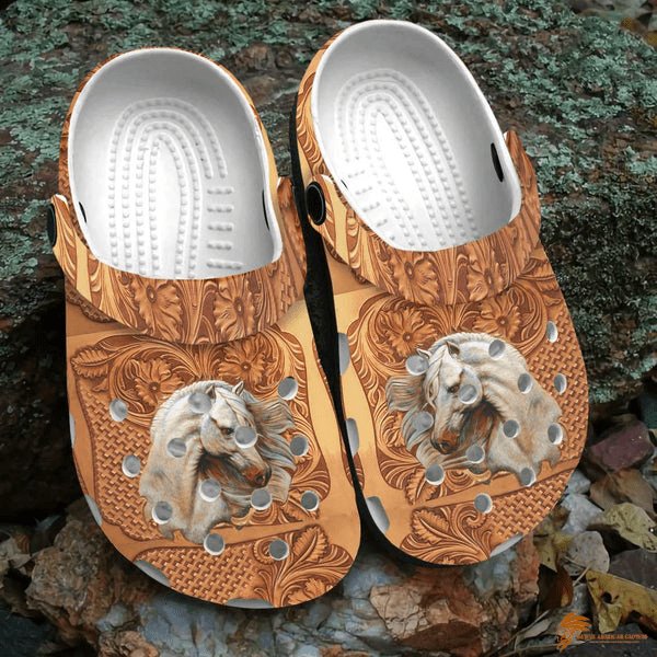 3D Brown Gold Crocs With Native American Horse Motifs