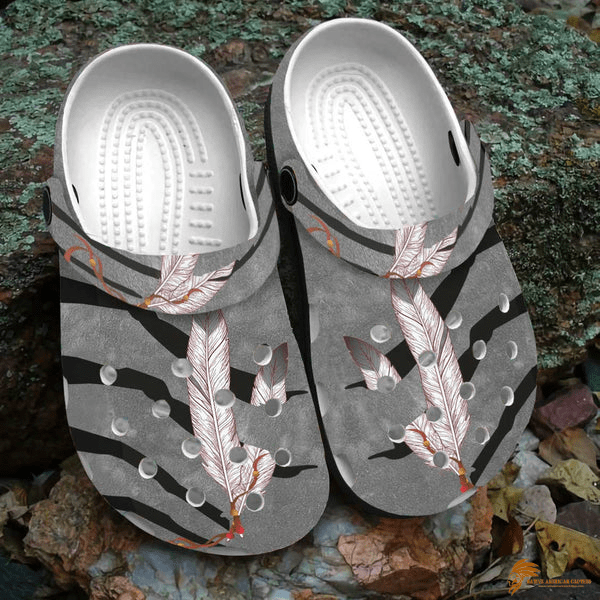 3D Gray Crocs With Native American Feather Motifs