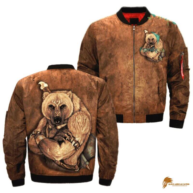 Men's JKNATIVE-0020 Tribal Bear Native American Bomber Jacket