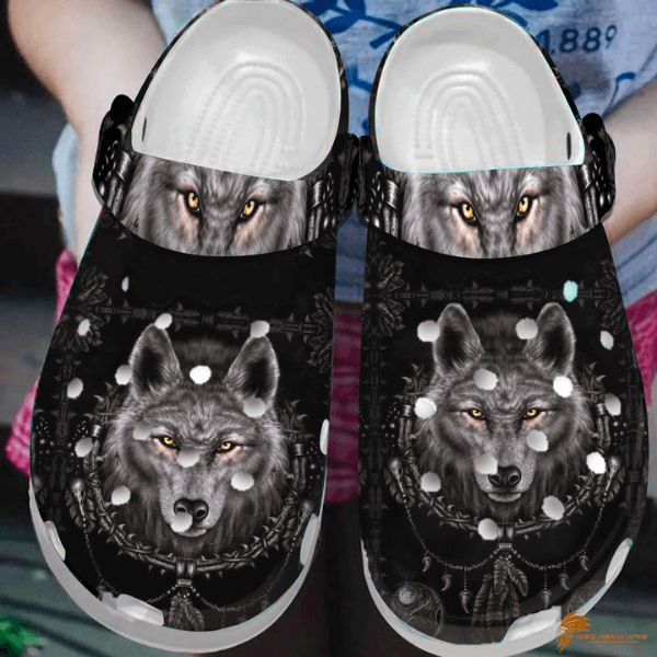 Black Native American Wolf Crocs Shoes