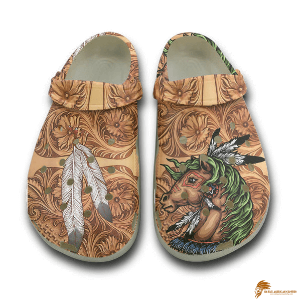 Brown Crocs Shoes With 3D-Printed Native American Horse And Feathers.