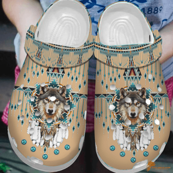 Brown Crocs Shoes with 3D Wolf Print