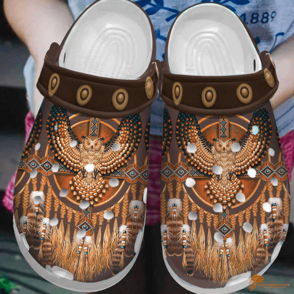 Brown Native Owl Feather Crocs Shoes