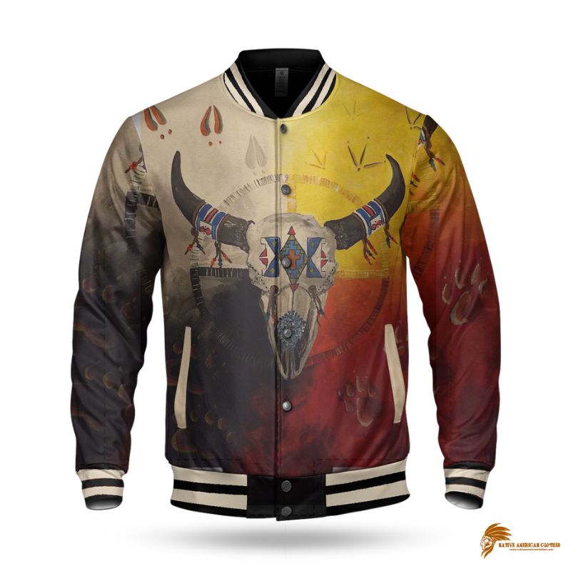 Men's Native American Bison Medicine Wheels Baseball Jacket