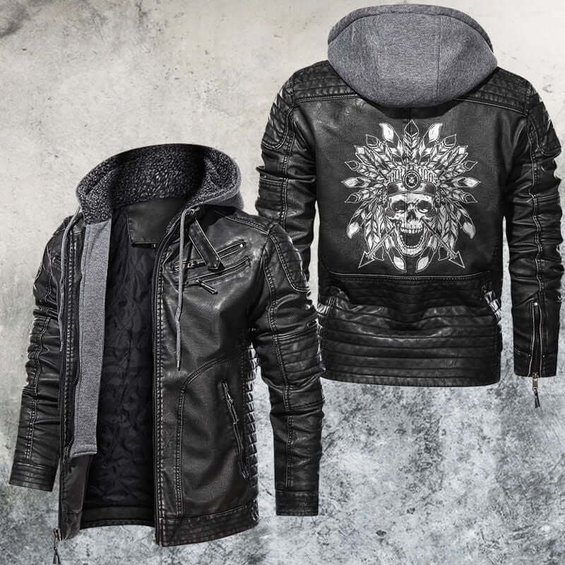 Men's Native Skull Leather Jacket in Black