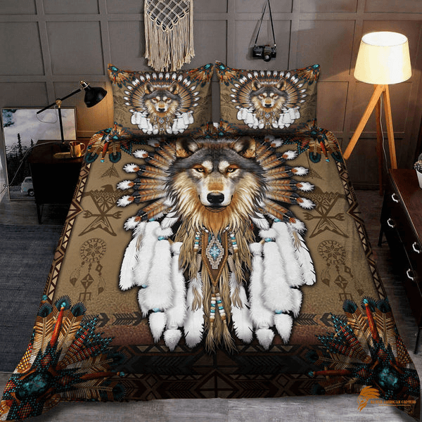 Native American Bedding Set Inspired by Brown Wolves