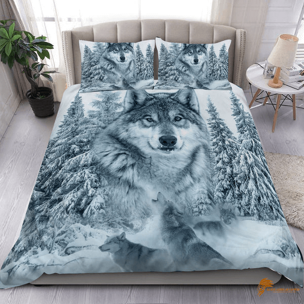 Native American Bedding Set with White Wolf Design