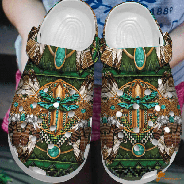 Native American Crocs Shoes in Emerald Green with Dragonfly Print