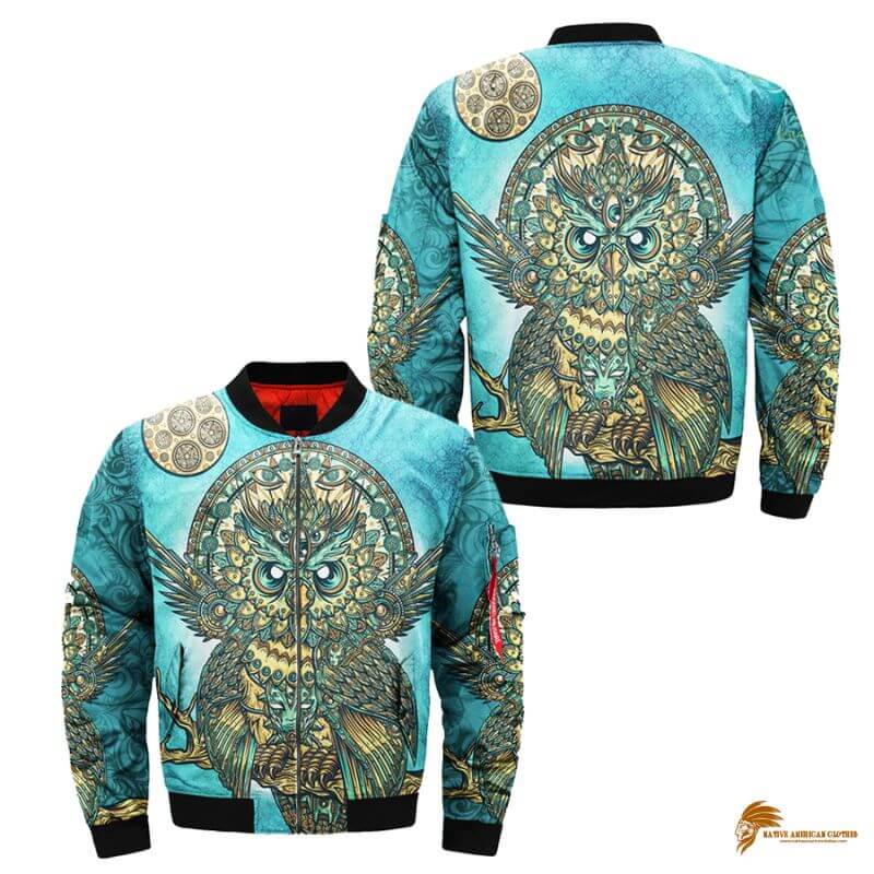 Stylish Native American Owl Print Bomber Jacket - Fashionable Outerwear Choice