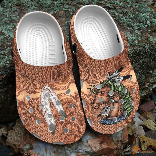 Native American-Style Crocs Shoes with Feathers and Horses