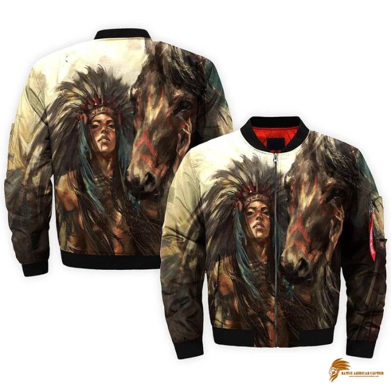 Native Girl Riding with Horse Design Bomber Jacket