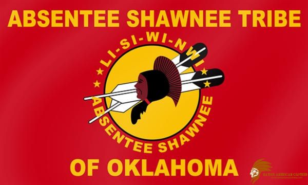 Native American Red Flag embossed with the Absentee Shawnee Tribe