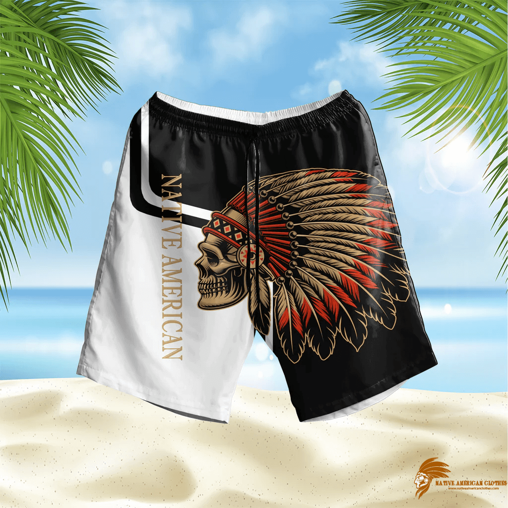 Black & White Skull Native American Hawaiian Shorts