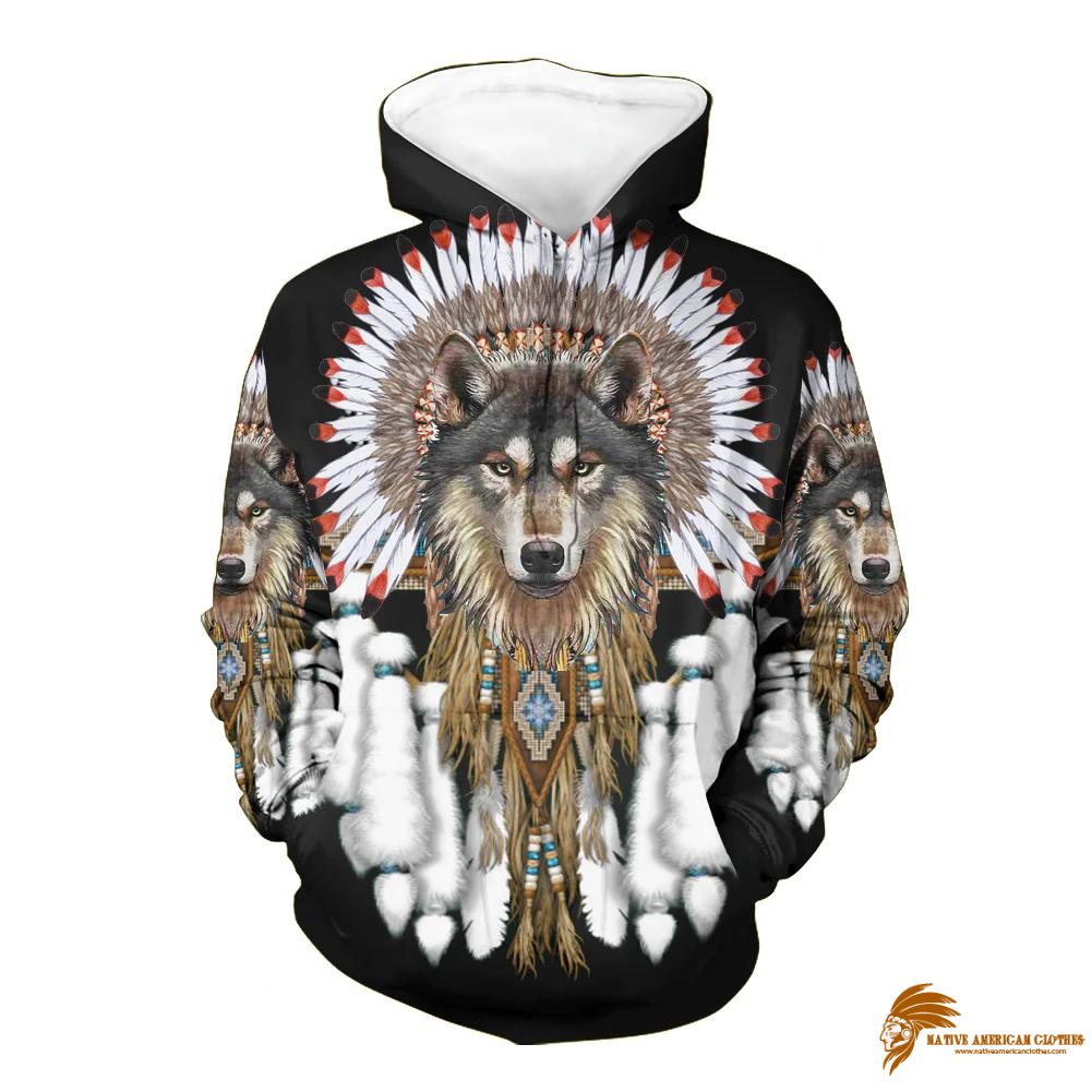 Black Wolf With Feather Headdress 3D Hoodie (1)