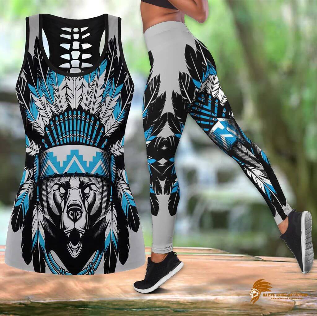 Blue Native American Hollow Tanktop Legging Set For Sales