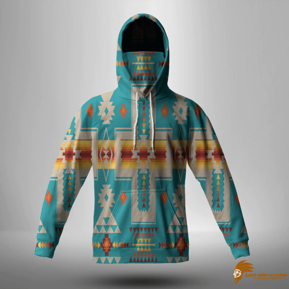 Blue Turquoise Tribe Design Native American 3D Hoodie With Mask (1)