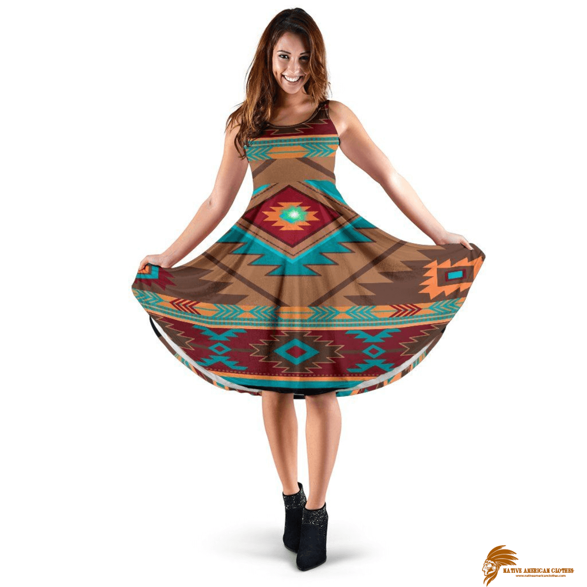 Classic Southwest Brown Red Symbol Native American 3D Dress