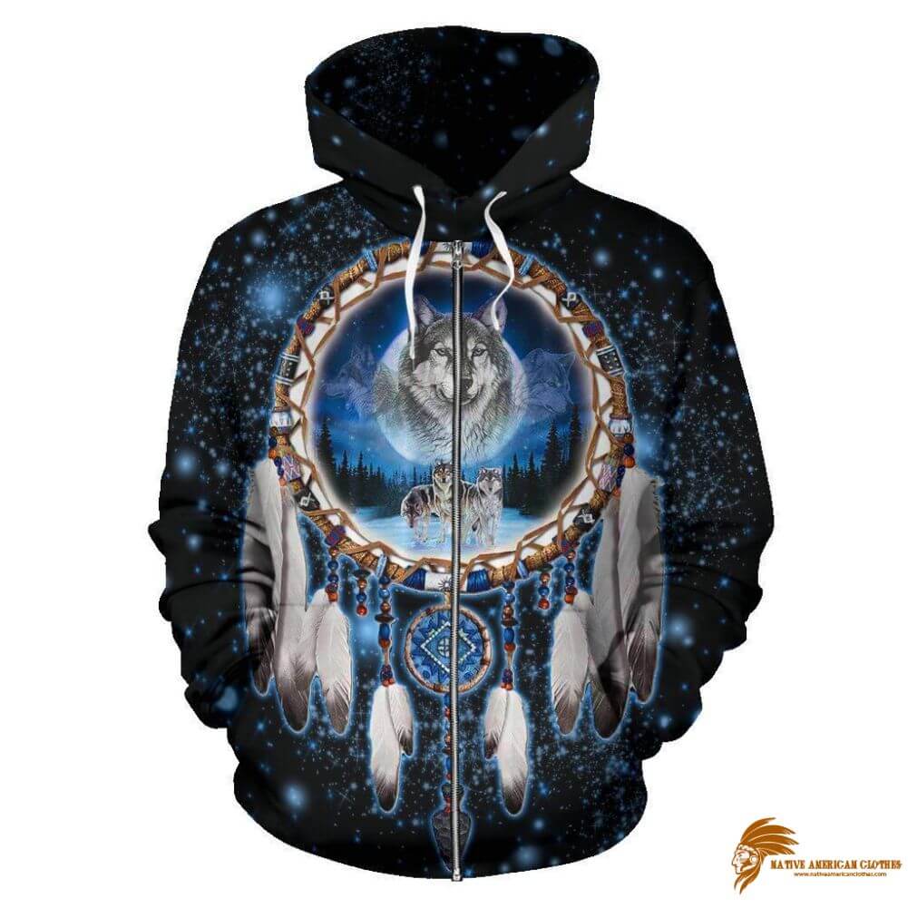 Dreamcatcher Galaxy Wolf Native American Zipper 3D Hoodie (1)