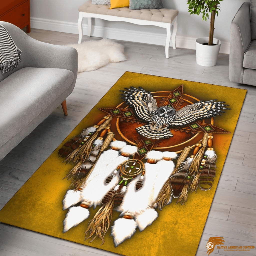 Owl Dreamcatcher Yellow Native American-Inspired Floor Rug