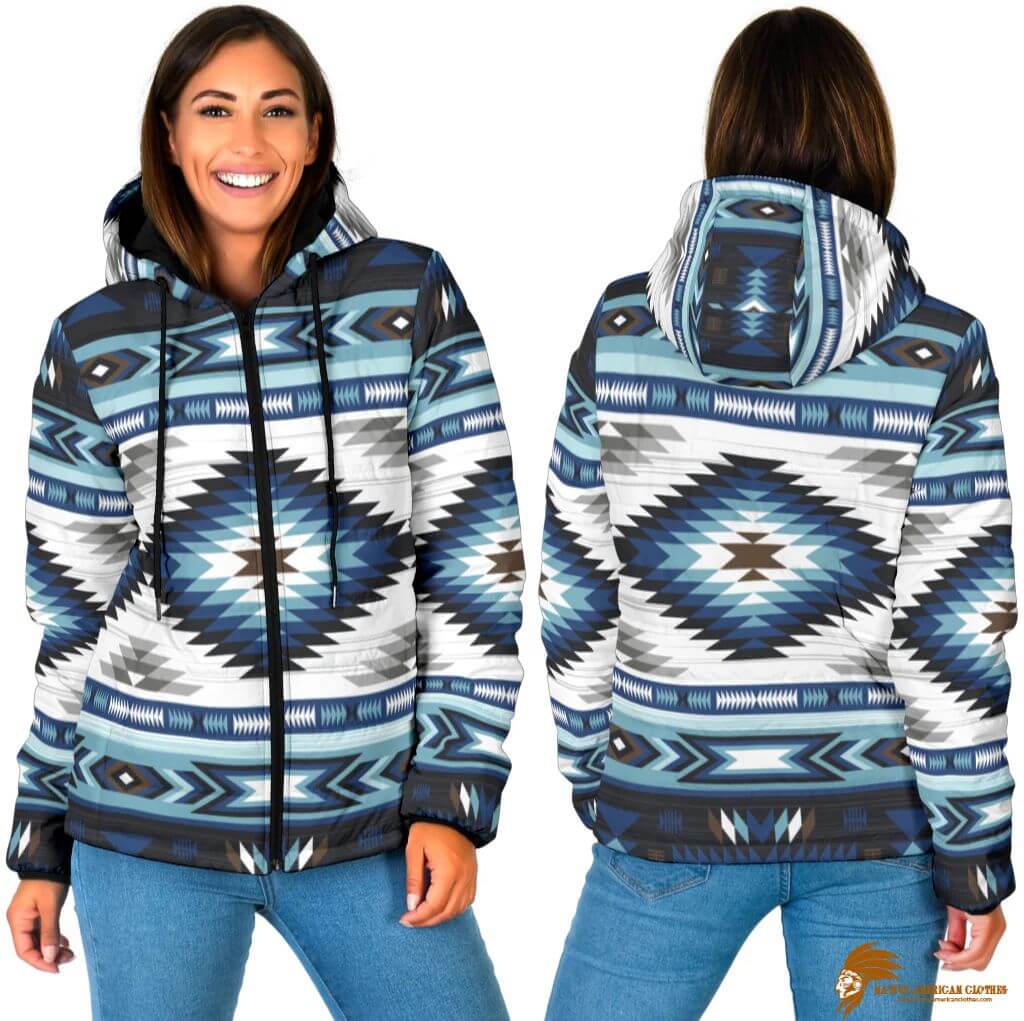 Patterned Blue Colors Women's Padded Hooded Jacket (1)