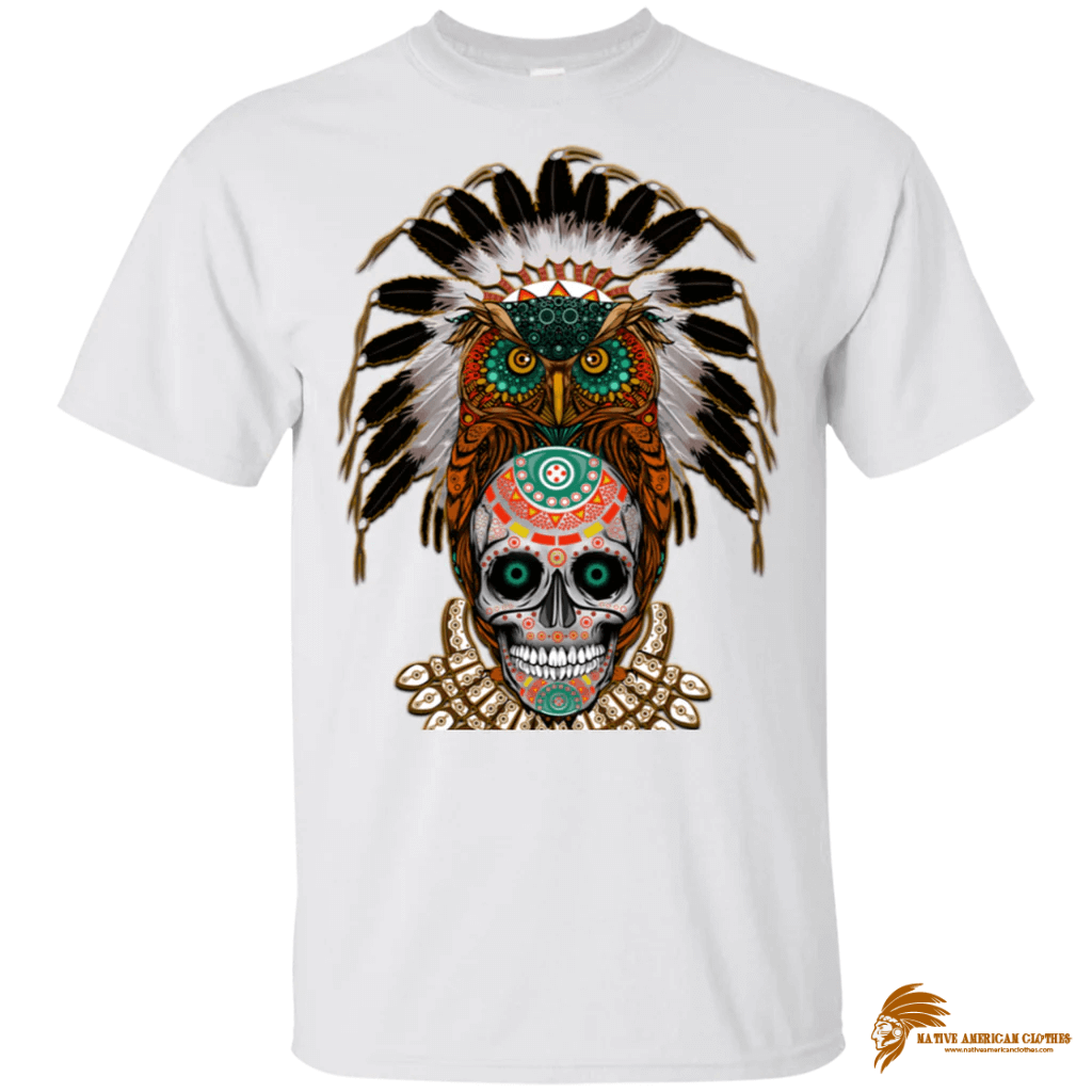 Patterned Chief Skull Brown Owl Feather Native American Design T shirt (1)