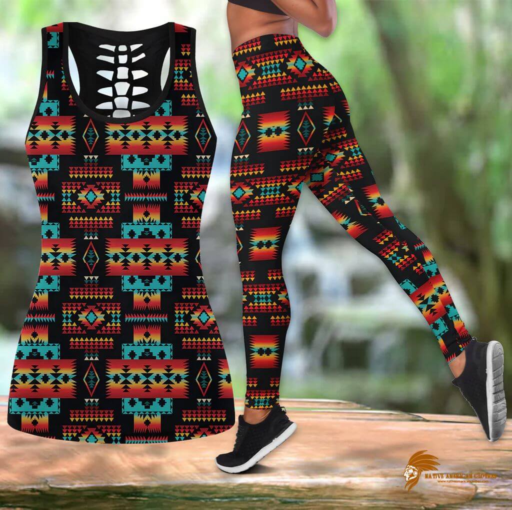 Patterned Native American Hollow Tanktop Legging Set