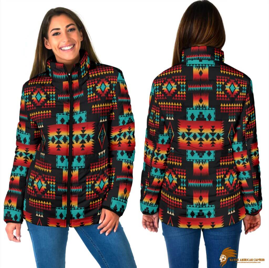 Plaid Black Native Tribes Pattern Women's Padded Jacket (1)