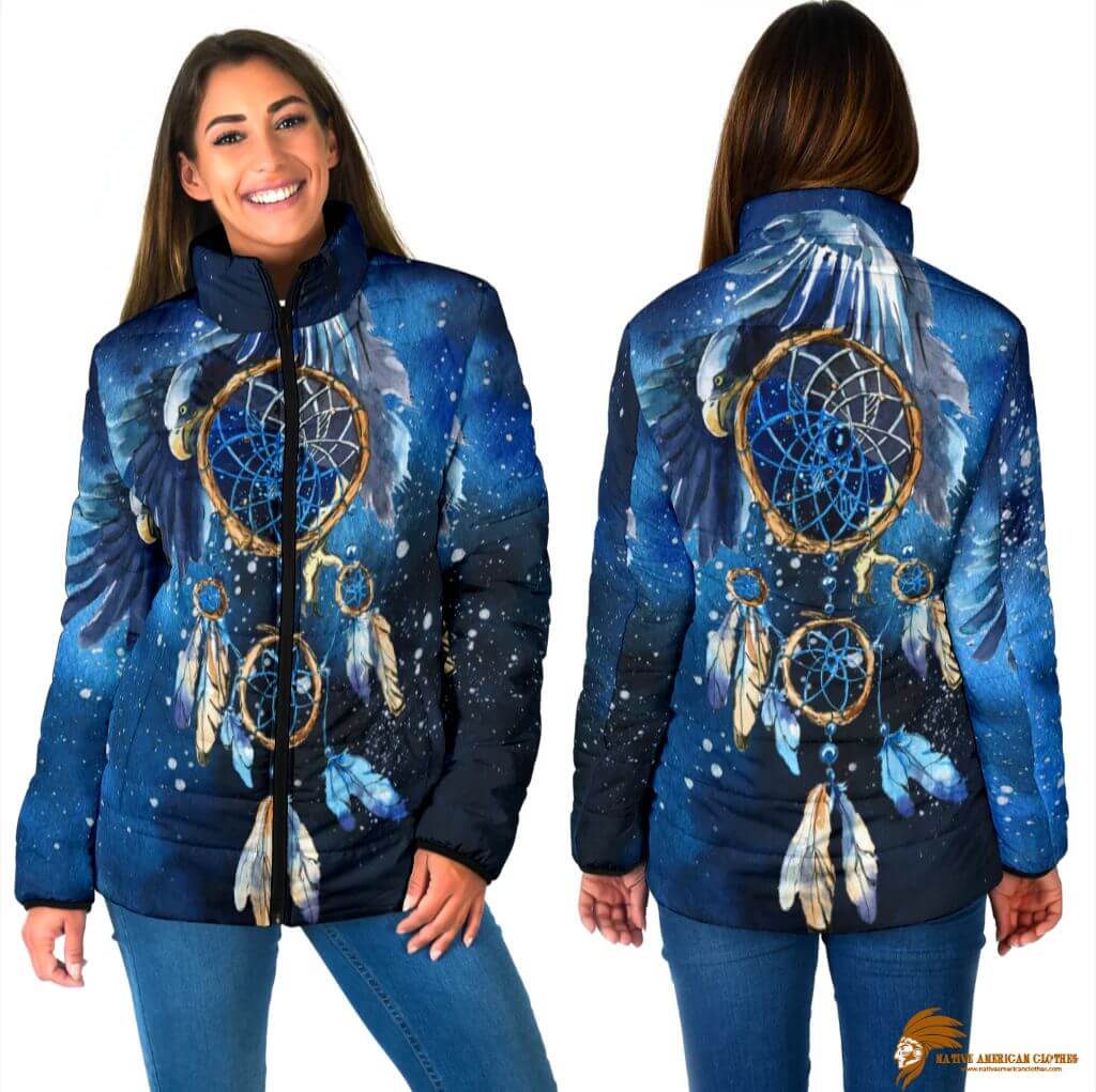 Plaid Blue Galaxy Dreamcatcher Native Women's Padded Jacket (1)