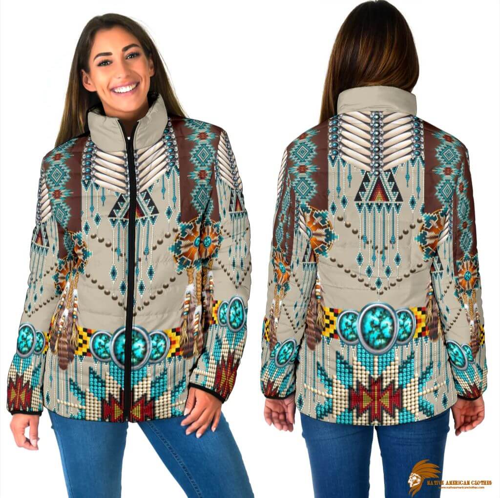 Plaid Turquoise Blue Pattern Breastplate Women's Padded Jacket (1)