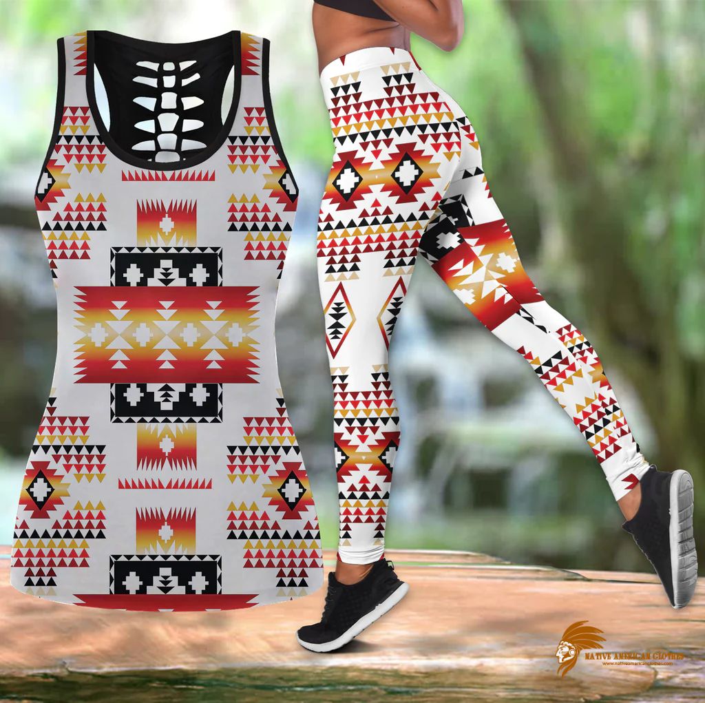 Sporty White Tribes Pattern Native American Hollow Tank Top and Legging Set