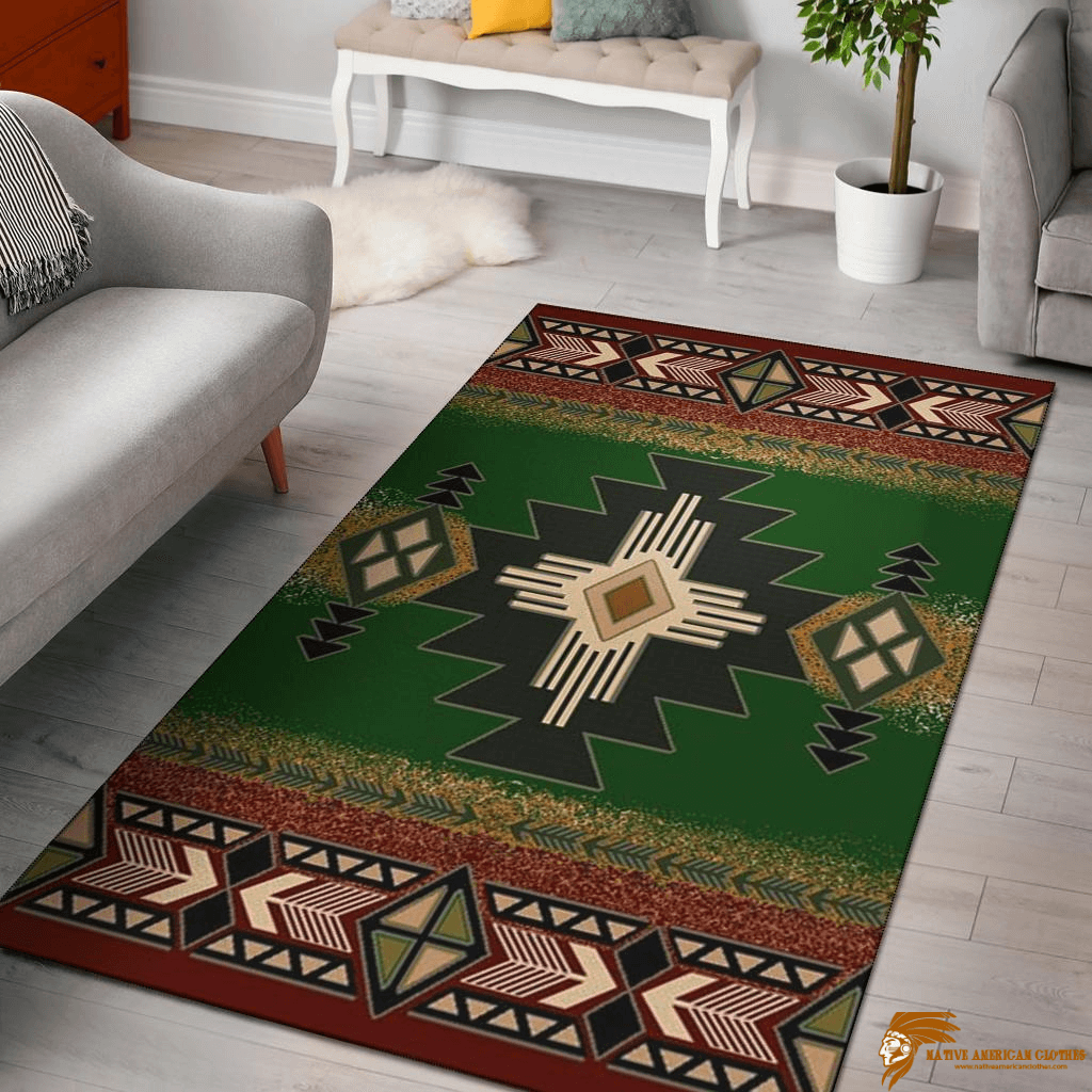 Vintage and Antique Green Indigenous Design Native American Pride Area Rug