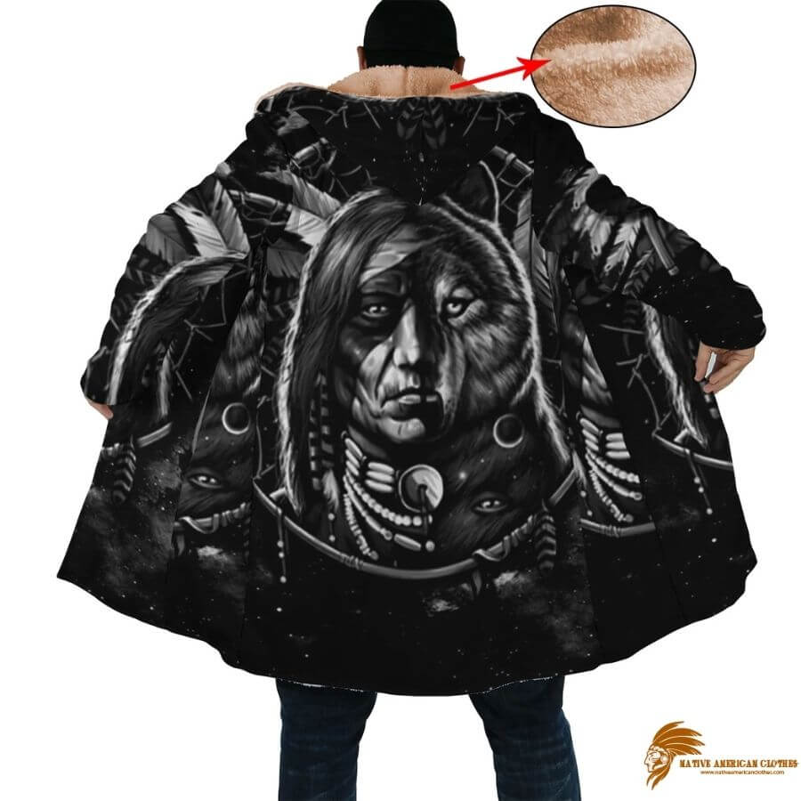 Black Long Fleece Windbreaker with Native American Half Wolf Half Human Horn Button Design (1)