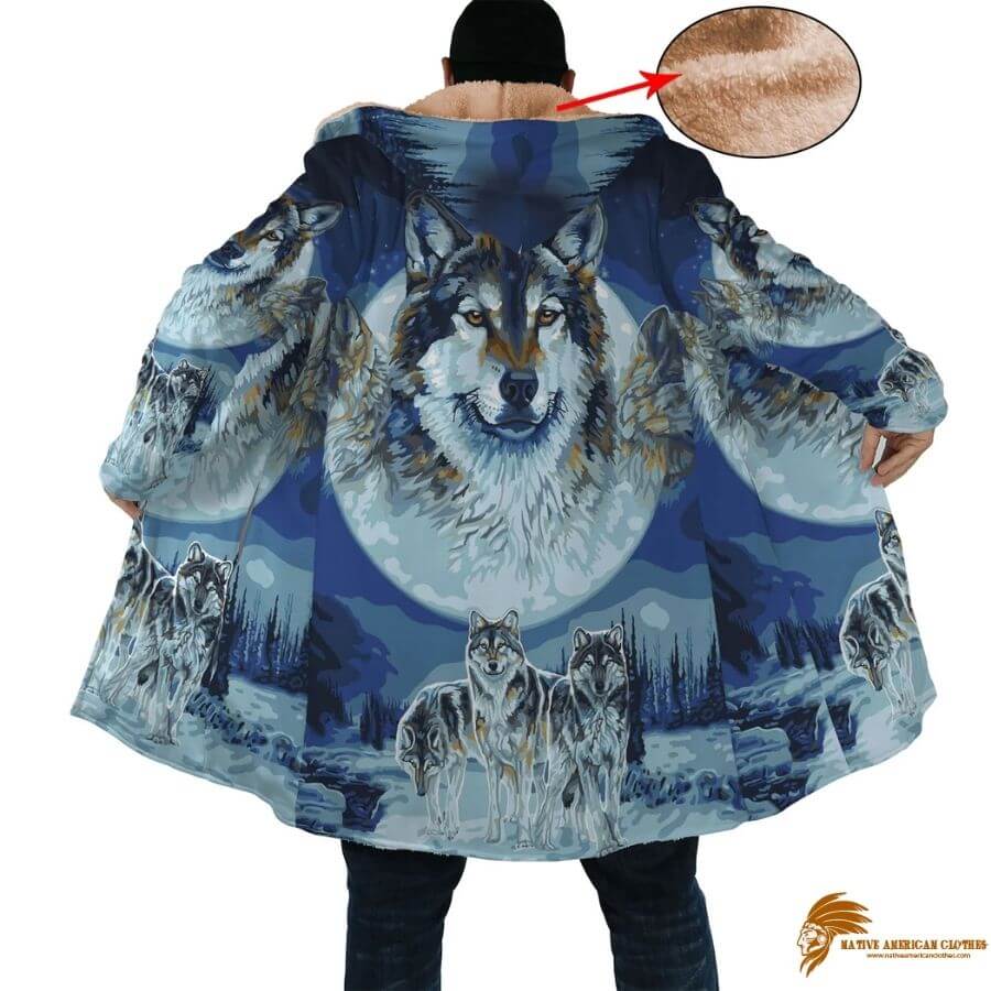 Blue Native American Wolfs Snow Horn Button Long Fleece Windbreaker (1)