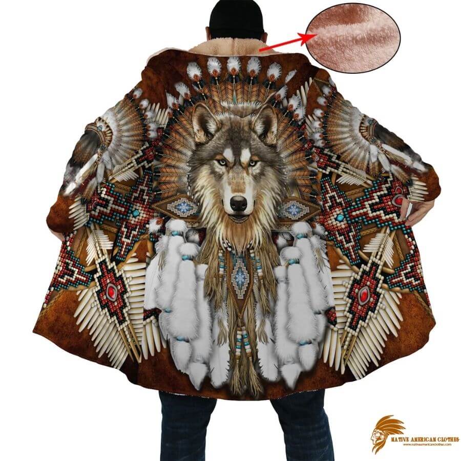 Brown Native American Wolf Dreamcatcher Pattern Horn Button Long Fleece Windbreaker (1)