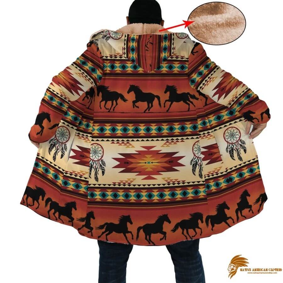 Long Fleece Windbreaker with Orange Native American Horses Pattern and Horn Button (1)