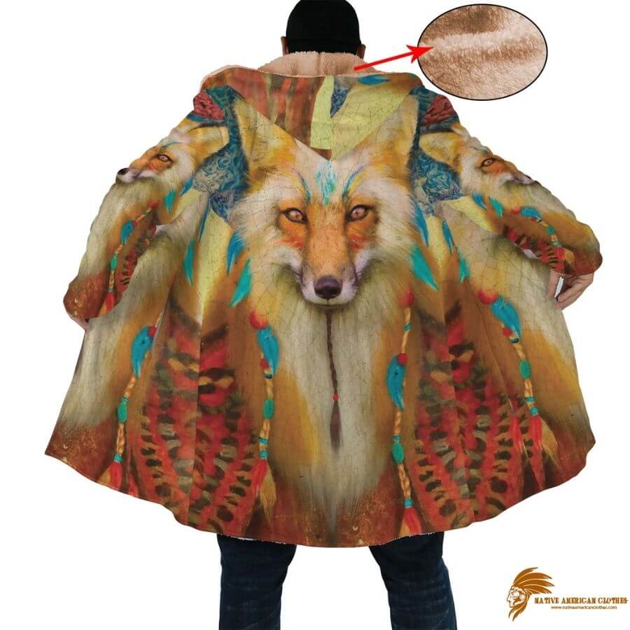 Patterned Brown Fox Art Horn Button Long Fleece Windbreaker (1)