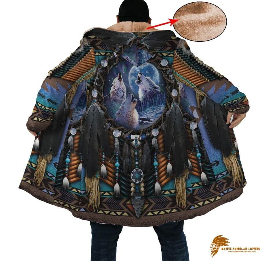 Patterned Howling Wolf Dreamcatcher Horn Button Long Fleece Windbreaker WCS (1)