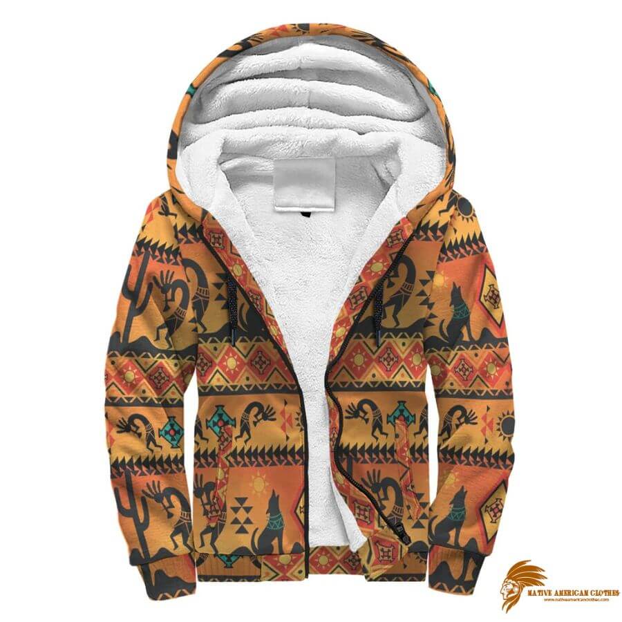 Patterned Kokopelli Myth Yellow Native American Sherpa Hoodie (1)