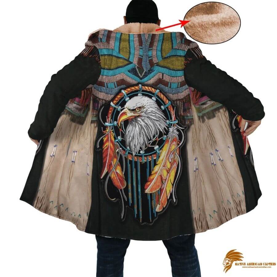 Patterned Native American Eagle Dreamcatcher Long Fleece Windbreaker with Horn Button Closure (1)