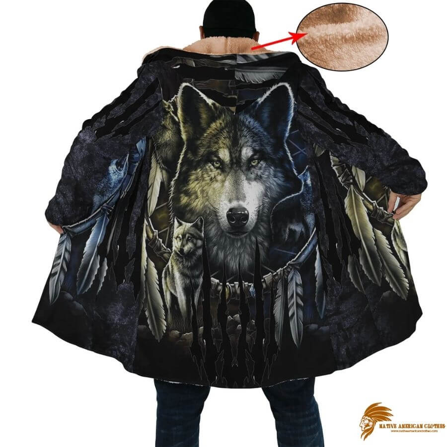 Patterned Wolf Spirit Native American Long Fleece Windbreaker with Horn Buttons (1)