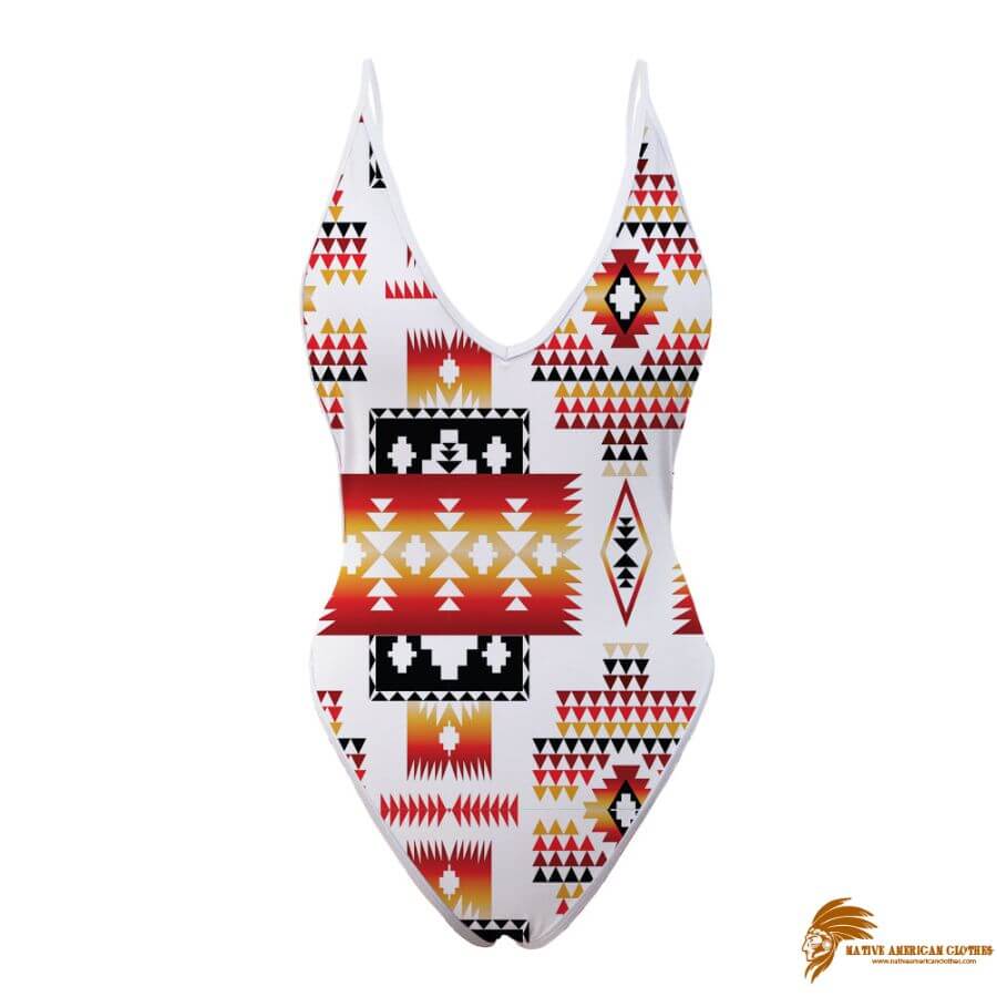 SWINAT006 White Tribes Pattern Native American Women’s One Piece High Cut Swimsuit (1)