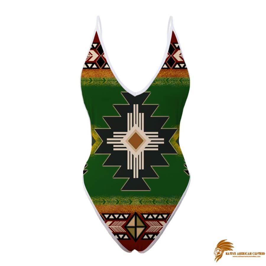 SWINAT009 Southwest Green Symbol Native American Women’s One Piece High Cut Swimsuit (1)