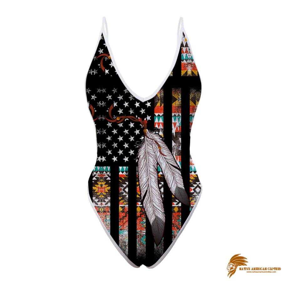 SWINAT010 Traditional Native American Flag Feather One Piece High Cut Swimsuit (1)