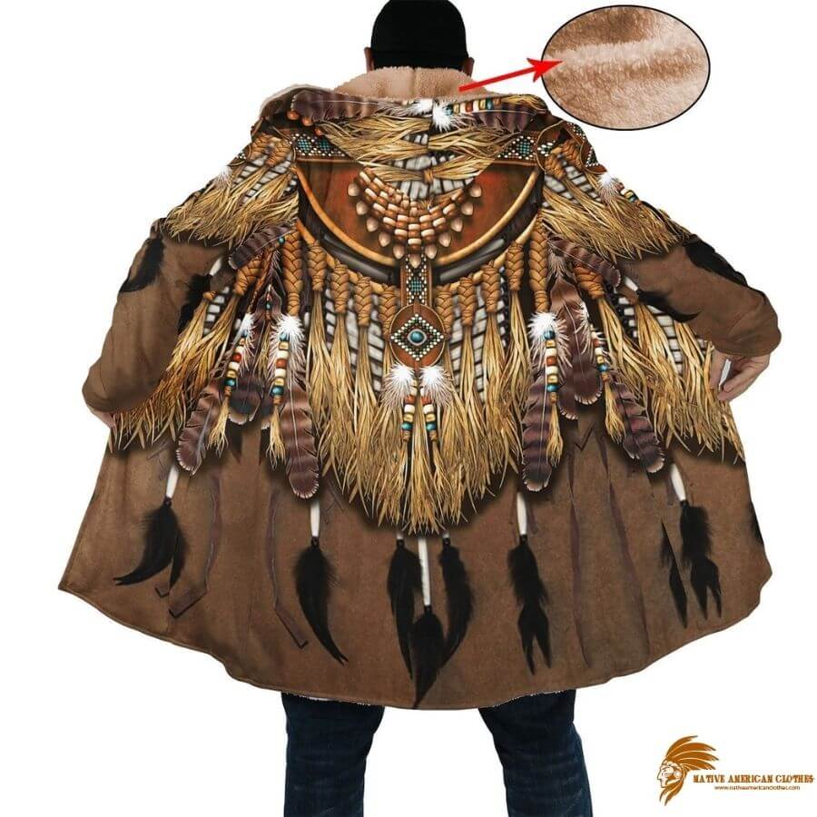 Traditional Brown Native Pattern Long Fleece Windbreaker with Horn Buttons WCS (1)